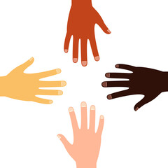 Vector up hands, teamwork design over. Colorful multicultural hands. Partners company friendship in flat style isolated on white