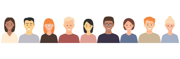 Diverse multicultural group of people standing together (europian, asian, american). Human social diversity crowd vector illustration. Happy young students. 
