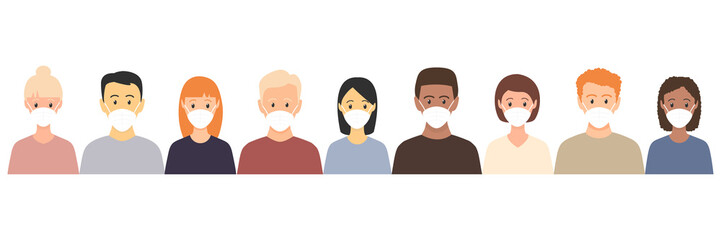 Group of multiethnic men and women wearing medical masks. Disease, flu, contaminated air, world pollution, pandemic concept set. Vector illustration in a flat style isolated on white