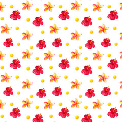 Watercolor seamless pattern of tropical plumeria and hibiscus flowers on a white background.