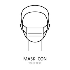 Icon of man wearing mask.  Person in antiviral masks. Illustration on the theme of coronavirus. Linear symbol.