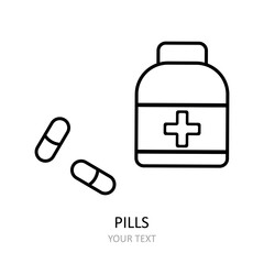 Linear vector icon. Box of pills. Illustration on the theme of coronavirus, cold, flu, pneumonia.