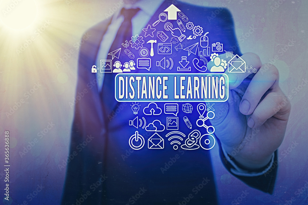 Poster word writing text distance learning. business photo showcasing educational lectures broadcasted over