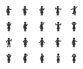 Vector set of woman different gestures flat icons.