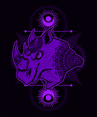 Illustration vector Rhino head mandala tribal style with sacred geometry on black background.