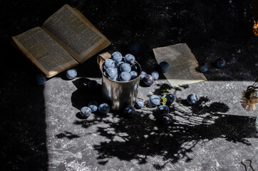 plums with books on black background