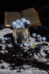 plums with books on black background