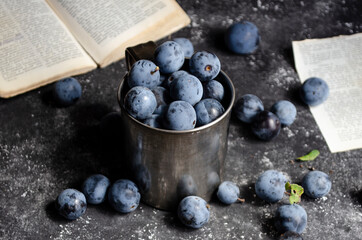 plums with books on black background