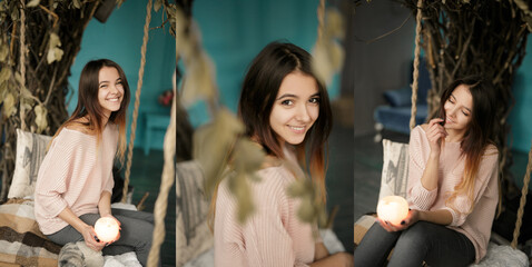 STAY AT HOME CONCEPT. Cute smiling woman staying at home withing quarantine. Enjoying time during the isolation period.