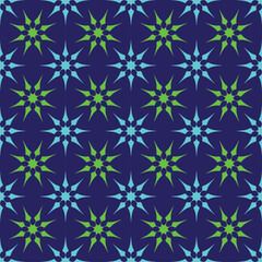 seamless green and turquoise octagonal star pattern design on blue background.