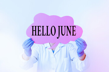 Text sign showing Hello June. Business photo text a new month to plan your activities for fun and adventures Laboratory technician featuring empty sticker paper accessories smartphone