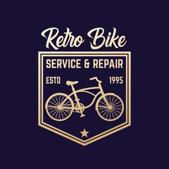 Retro bike service and repair, vintage emblem with old bicycle