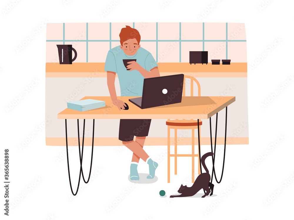 Poster man at kitchen with coffee working remotely. male with notebook at home doing work. remote job conce