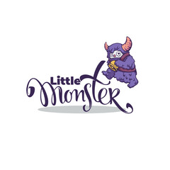 little monster, vector logo template with image of magical creatur and lettering composition