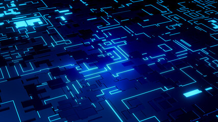 Abstract Design of the Electronic Board with Random Glowing Elements. Perspective Technology Background, 3D Rendering.