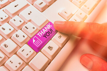 Conceptual hand writing showing Thank You. Concept meaning polite expression to acknowledge a gift,...