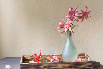 beautiful lily in glass vase  on old  wooden shelf