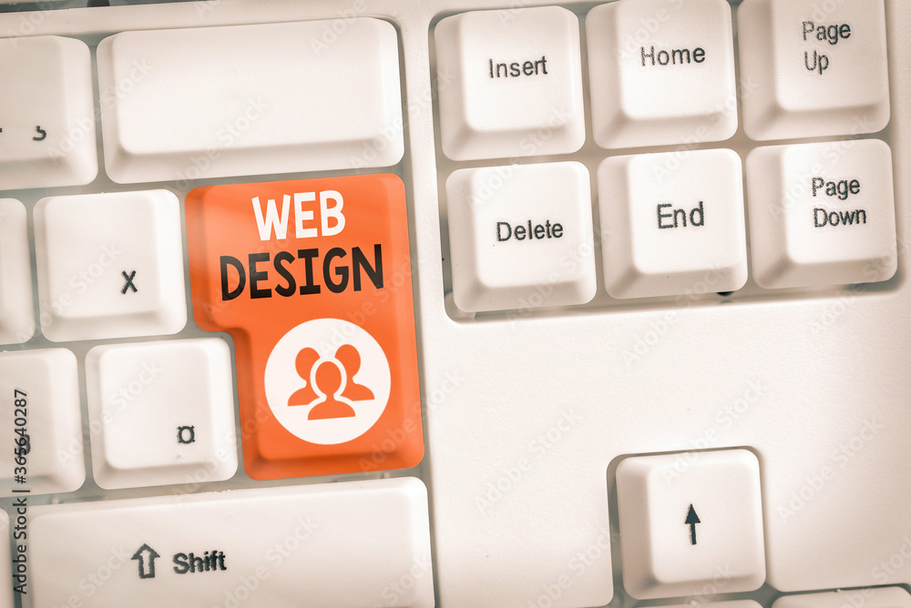 Fototapete Text sign showing Web Design. Business photo text website creation which includes layout, content, and graphics Different colored keyboard key with accessories arranged on empty copy space