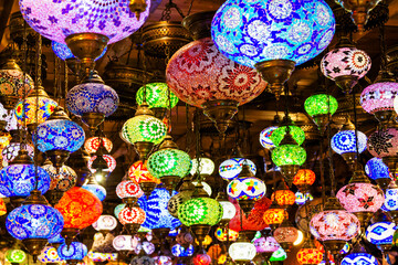 GRENADA, SPAIN - MAY 6, 2017: Traditional moroccan or turkish glass and metal lamps in a souvenir...