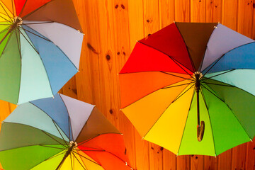 rainbow umbrellas under the ceiling