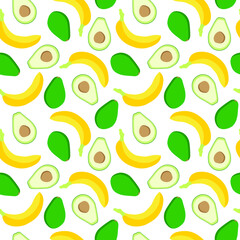 Seamless pattern with avocado and bananas. Vector illustration.