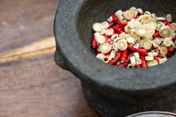 Thai food ingredients Spicy boiled, spicy salad ,To pounding mortar