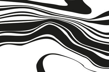 Digital image with a psychedelic stripes. Vector illustration. Texture with wavy, curves lines. Optical art background. Wave design black and white. 