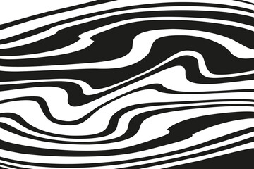 Digital image with a psychedelic stripes. Vector illustration. Texture with wavy, curves lines. Optical art background. Wave design black and white. 