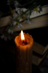 vintage candle on the table with a stack of books and daisies