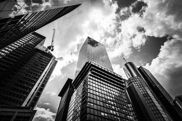 Black & white Commerzbank tower, Taunusturm, Japan Center, Omniturm and Maintower, office and...