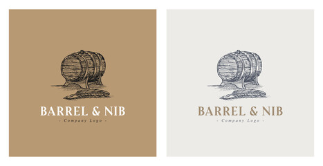 Wood barrel and quill pen hand drawn vector illustration