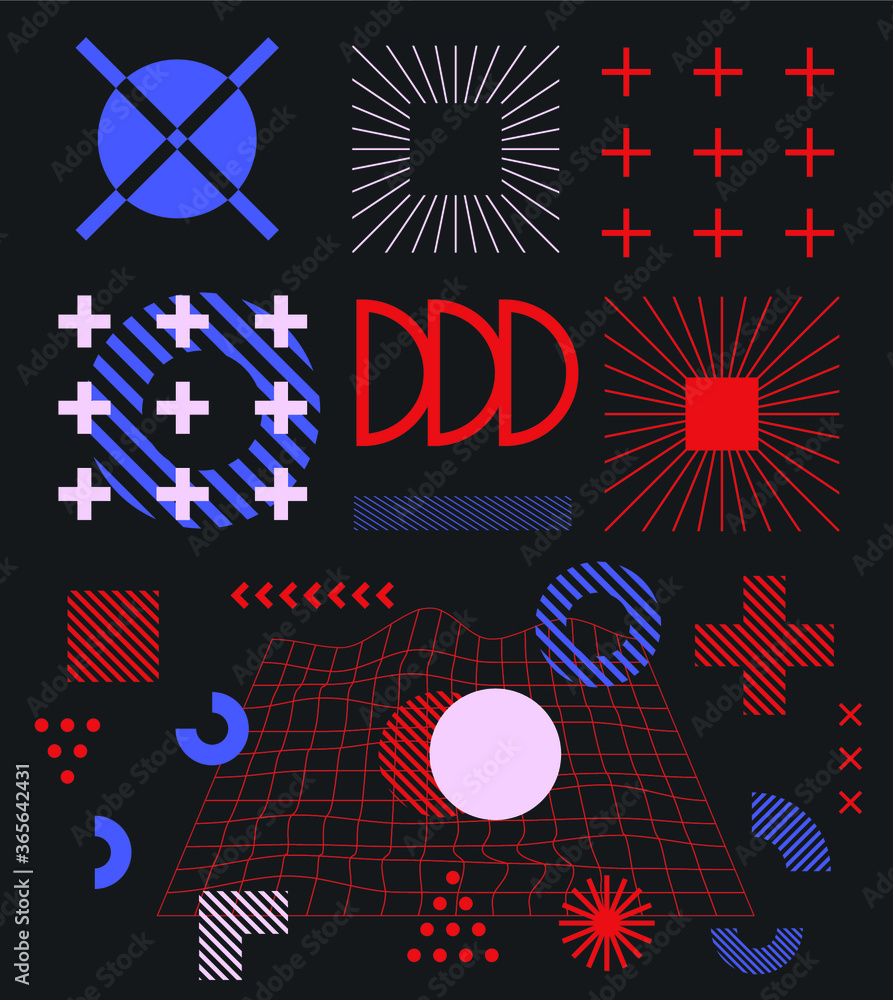 Poster Set of minimal abstract universal geometric elements and shapes for design. Modern neo-memphis composition of simple bold forms on dark background. Vector illustration.