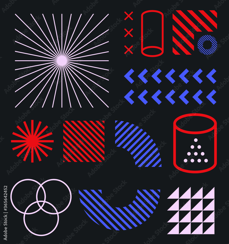 Poster Set of minimal abstract universal geometric elements and shapes for design. Modern neo-memphis composition of simple bold forms on dark background. Vector illustration.