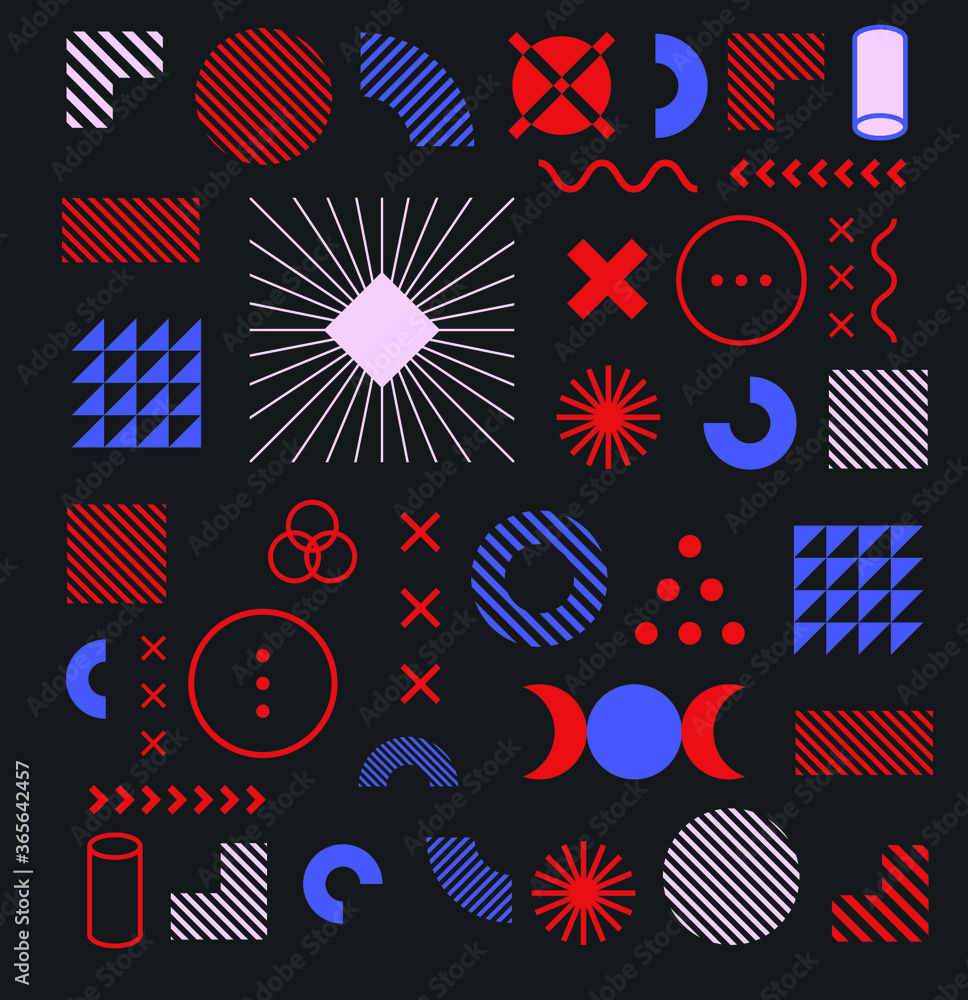 Poster Set of minimal abstract universal geometric elements and shapes for design. Modern neo-memphis composition of simple bold forms on dark background. Vector illustration.