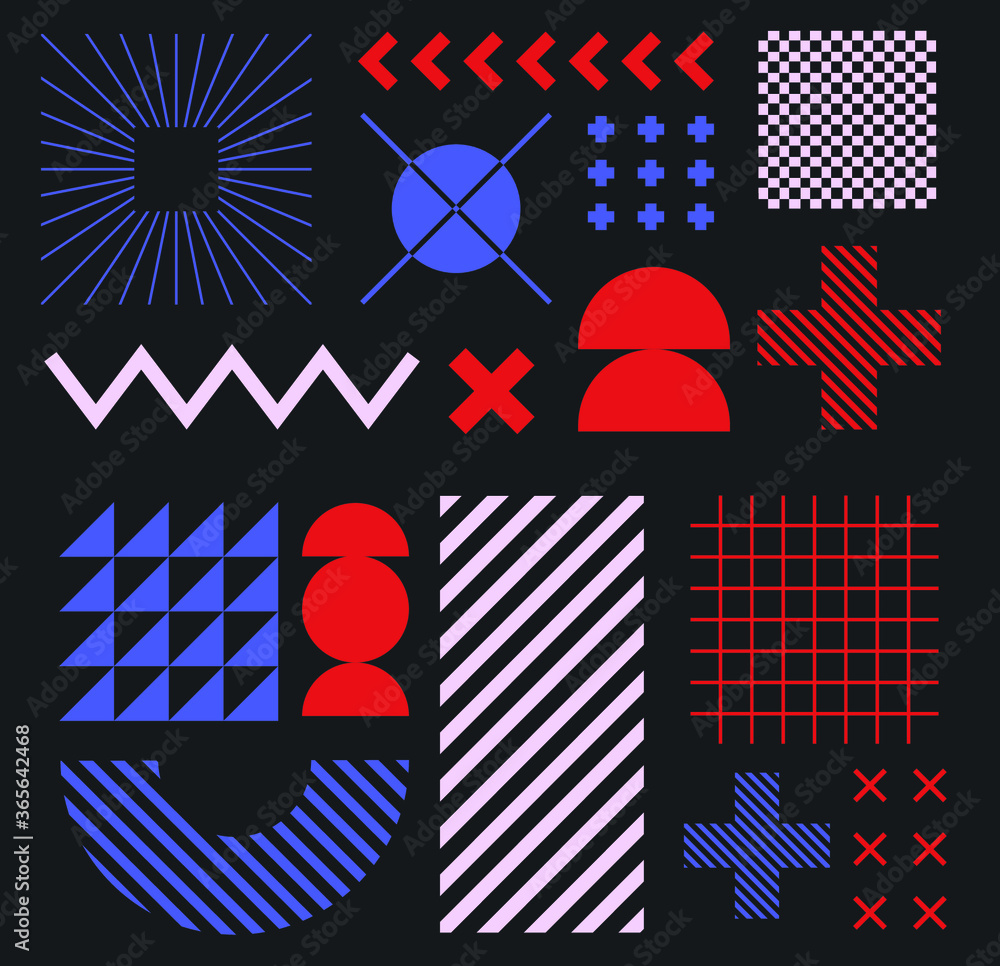 Poster set of minimal abstract universal geometric elements and shapes for design. modern neo-memphis compo