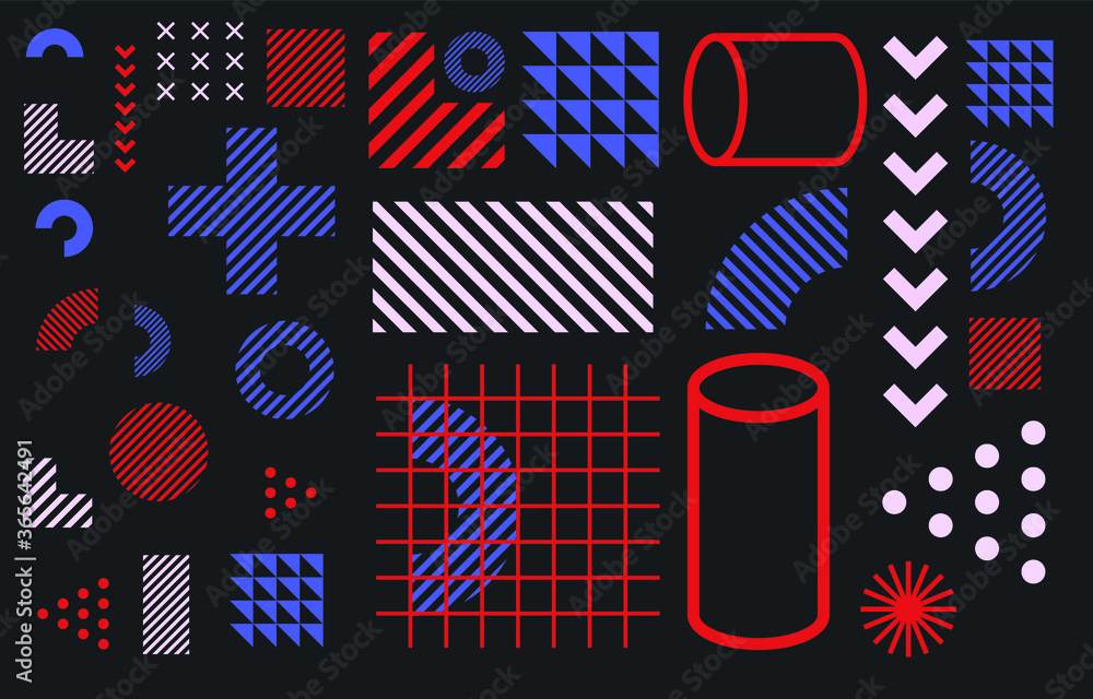 Poster Set of minimal abstract universal geometric elements and shapes for design. Modern neo-memphis composition of simple bold forms on dark background. Vector illustration.
