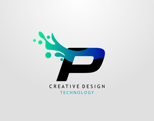 Letter P Water Splash Logo. Modern Techno Alphabet Splatter Icon, Template Design.