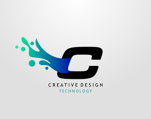 Letter C Water Splash Logo. Modern Techno Alphabet Splatter Icon, Template Design.