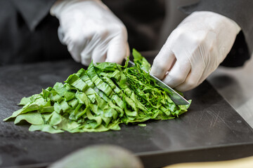 Chef in gloves cutting spinach on a cutting board at the kitchen, close-up