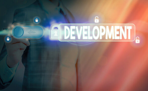 Word writing text Development. Business photo showcasing a cycle in which somebody or something grows or changes Graphics padlock for web data information security application system