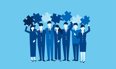 パズルを持つ男女、ダイバーシティ・多様性のイラストイメージ