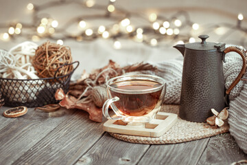 still life autumn cozy composition with tea