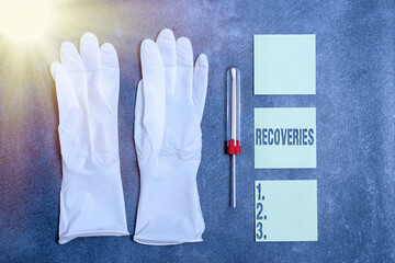Writing note showing Recoveries. Business concept for process of regaining possession or control of...