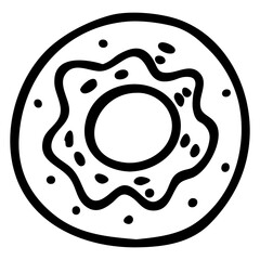 Black hand-drawn vector illustration of one round donut isolated on a white background