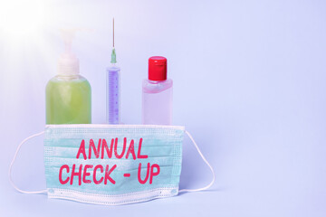 Conceptual hand writing showing Annual Checkup. Concept meaning yearly reproductive health visit with a health care provider Primary medical precautionary equipments health protection