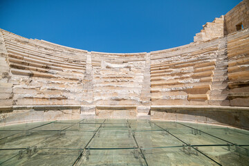 Patara (Pttra). Ruins of the ancient Lycian city Patara. Amphi-theatre and the assembly hall of Lycia public. Patara was at the Lycia (Lycian) League's capital. Aerial view shooting. Antalya, TURKEY
