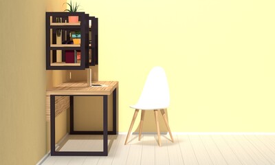 Home workspace interior with wooden furniture and shelves. Side view. 3d rendering