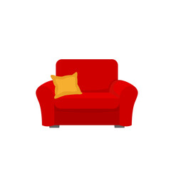 Red armchair isolated on white. Comfortable armchair on white background with pillow. Living room furniture, element of interior design. Flat cartoon style. Vector illustration