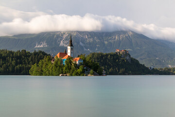 Bled church reflected in the lake with long exposure technique
