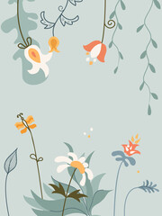 Fototapeta na wymiar Vertical arrangement flowers, bird and butterfly in Scandinavian style on white background.